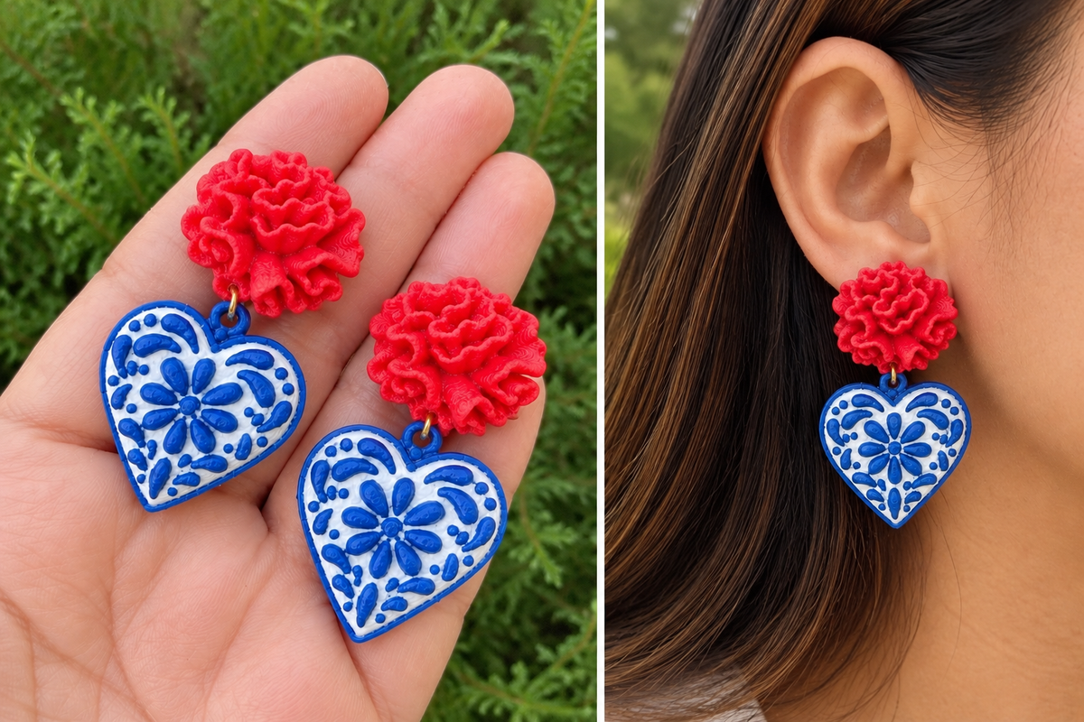 Red Flower & Talavera-Inspired Earrings
