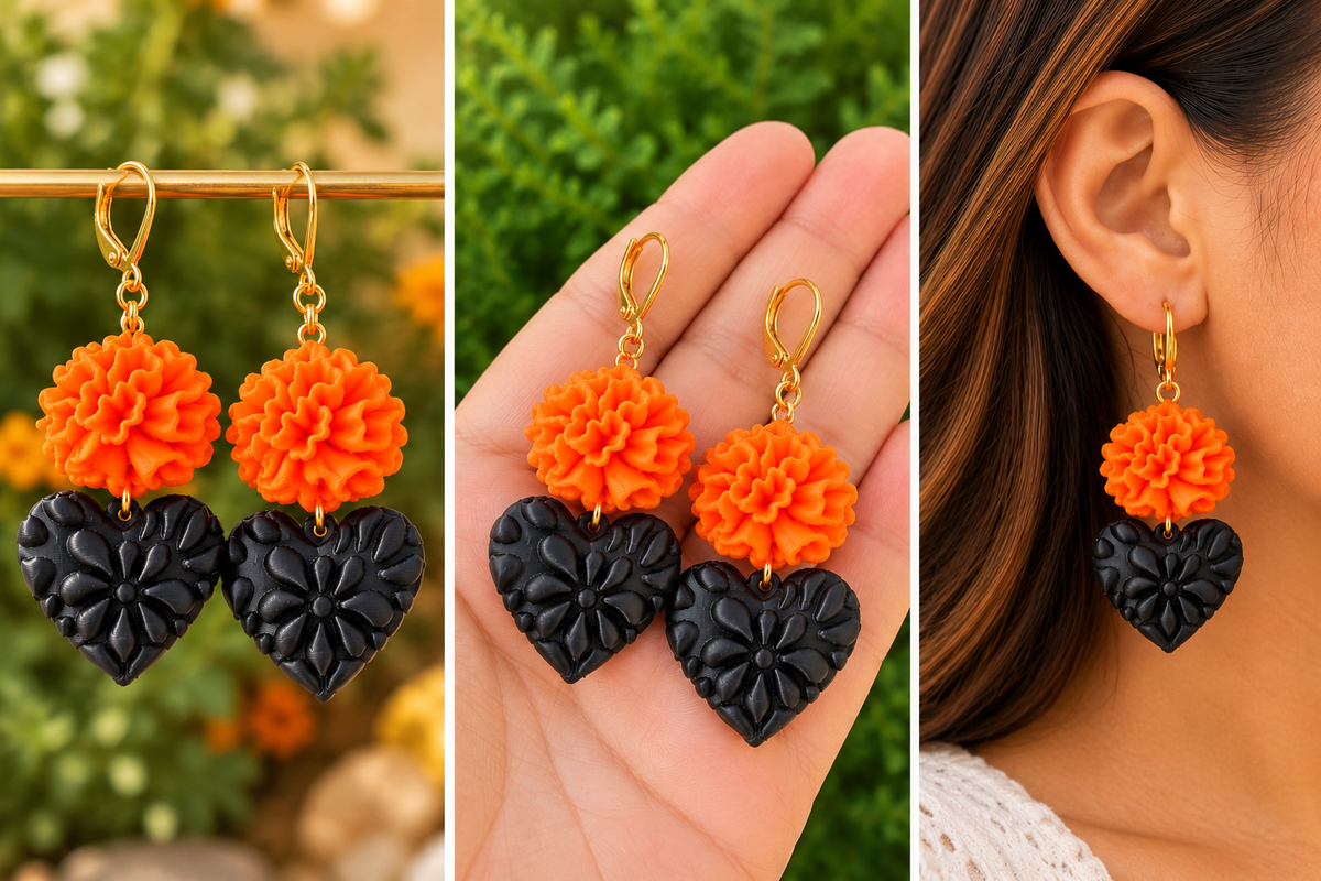 Orange Marigold (cempasúchitl) & Black Floral Heart (Barro negro) Earrings – Mexican-Inspired Jewelry